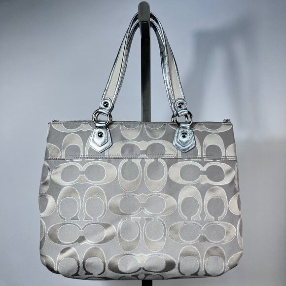 NWT COACH Poppy Signature Beige/Silver Glam Tote - Picture 3 of 7